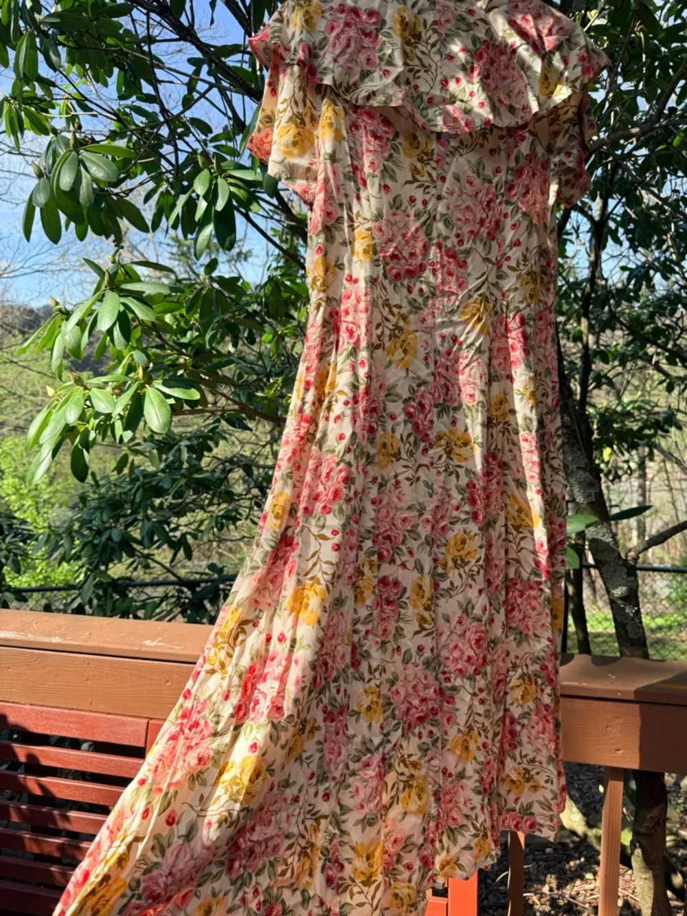 Vintage avocado Cream Floral Tie-Front Maxi Dress with Pink & Yellow Blooms - Picture 6 of 8